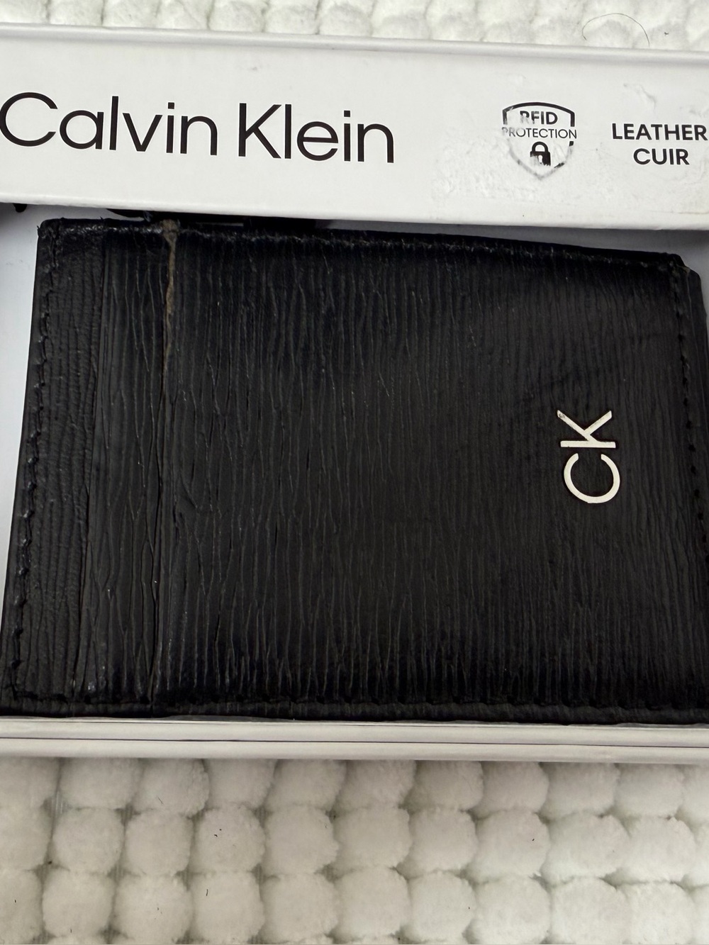 Calvin Klein Black Leather Bifold Card Holder with Silver CK Logo